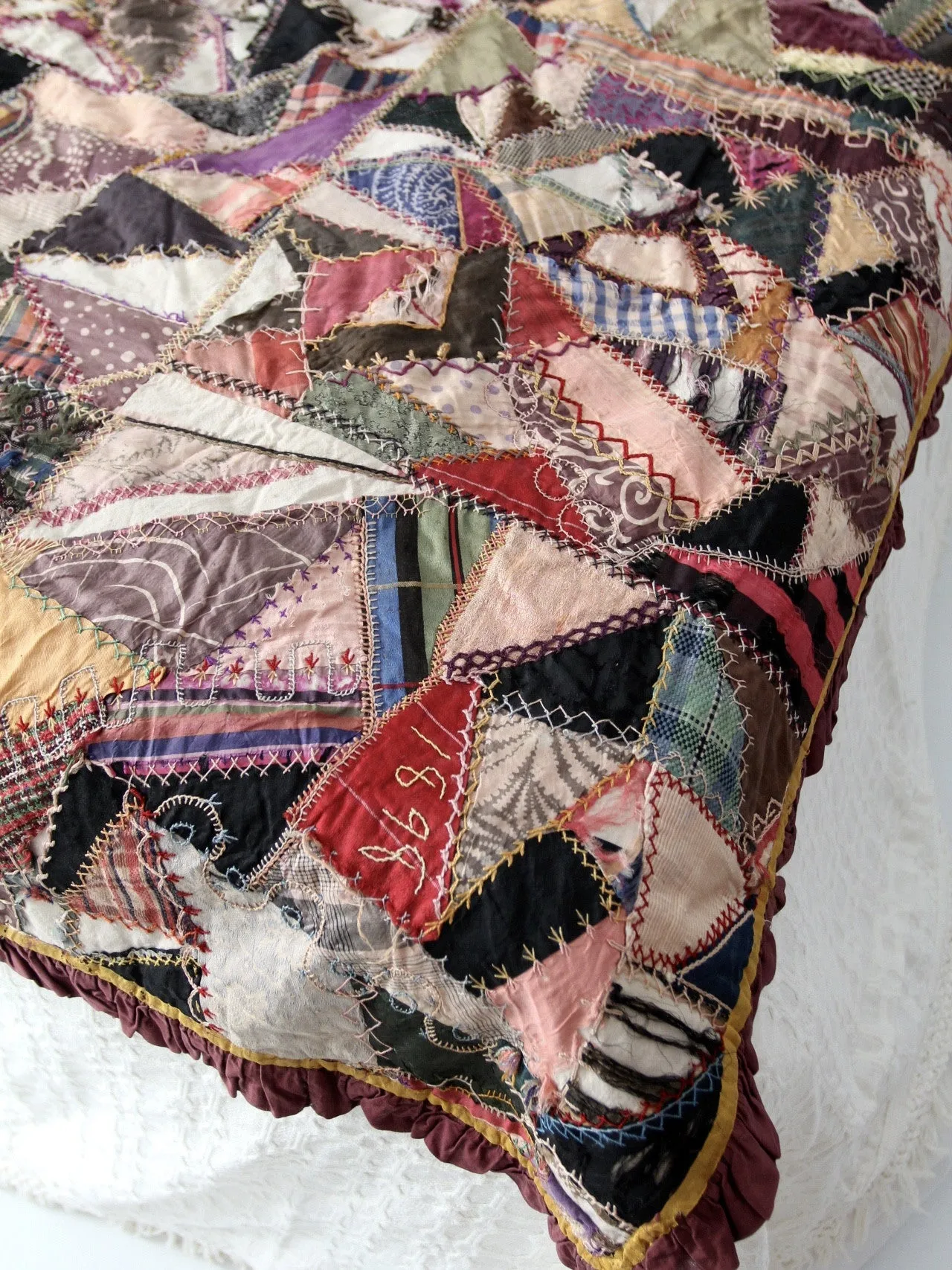 antique double side crazy patchwork quilt circa 1898