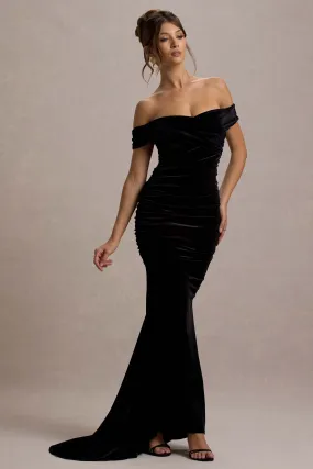 Apolline | Black Velvet Off The Shoulder Ruched Fishtail Maxi Dress Apolline | Black Velvet Off The Shoulder Ruched Fishtail Maxi Dress