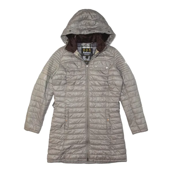BARBOUR International Endo Baffle Fibre Down Black Streak Quilted Coat Grey Womens UK 10
