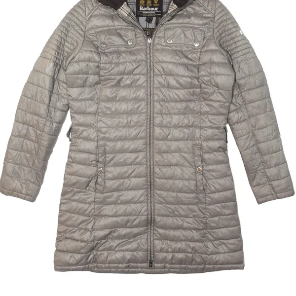 BARBOUR International Endo Baffle Fibre Down Black Streak Quilted Coat Grey Womens UK 10