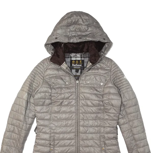 BARBOUR International Endo Baffle Fibre Down Black Streak Quilted Coat Grey Womens UK 10