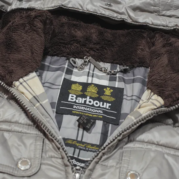 BARBOUR International Endo Baffle Fibre Down Black Streak Quilted Coat Grey Womens UK 10