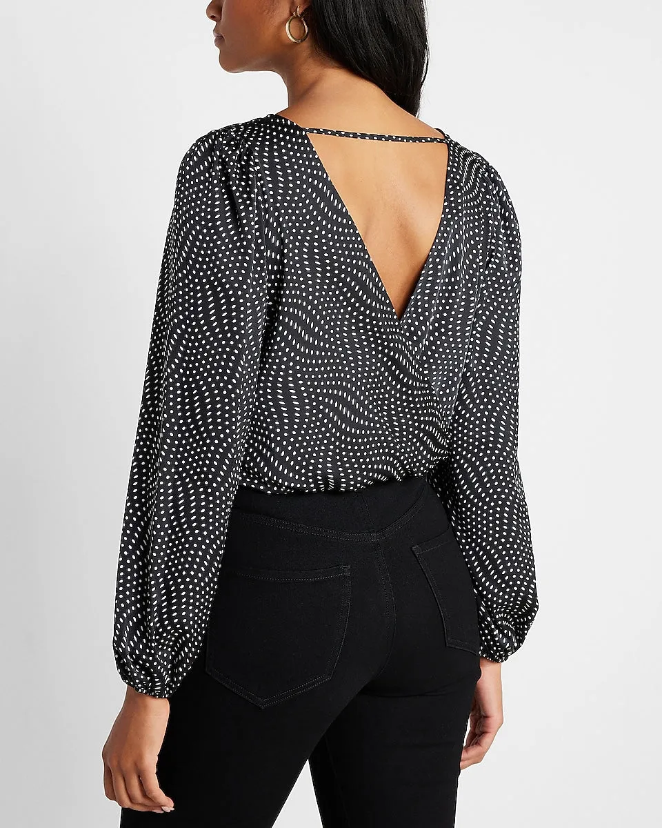 Conscious Edit Printed Satin Faux Wrap Front Open Back Top in Black Print