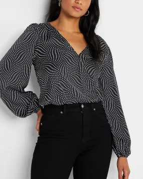 Conscious Edit Printed Satin Faux Wrap Front Open Back Top in Black Print
