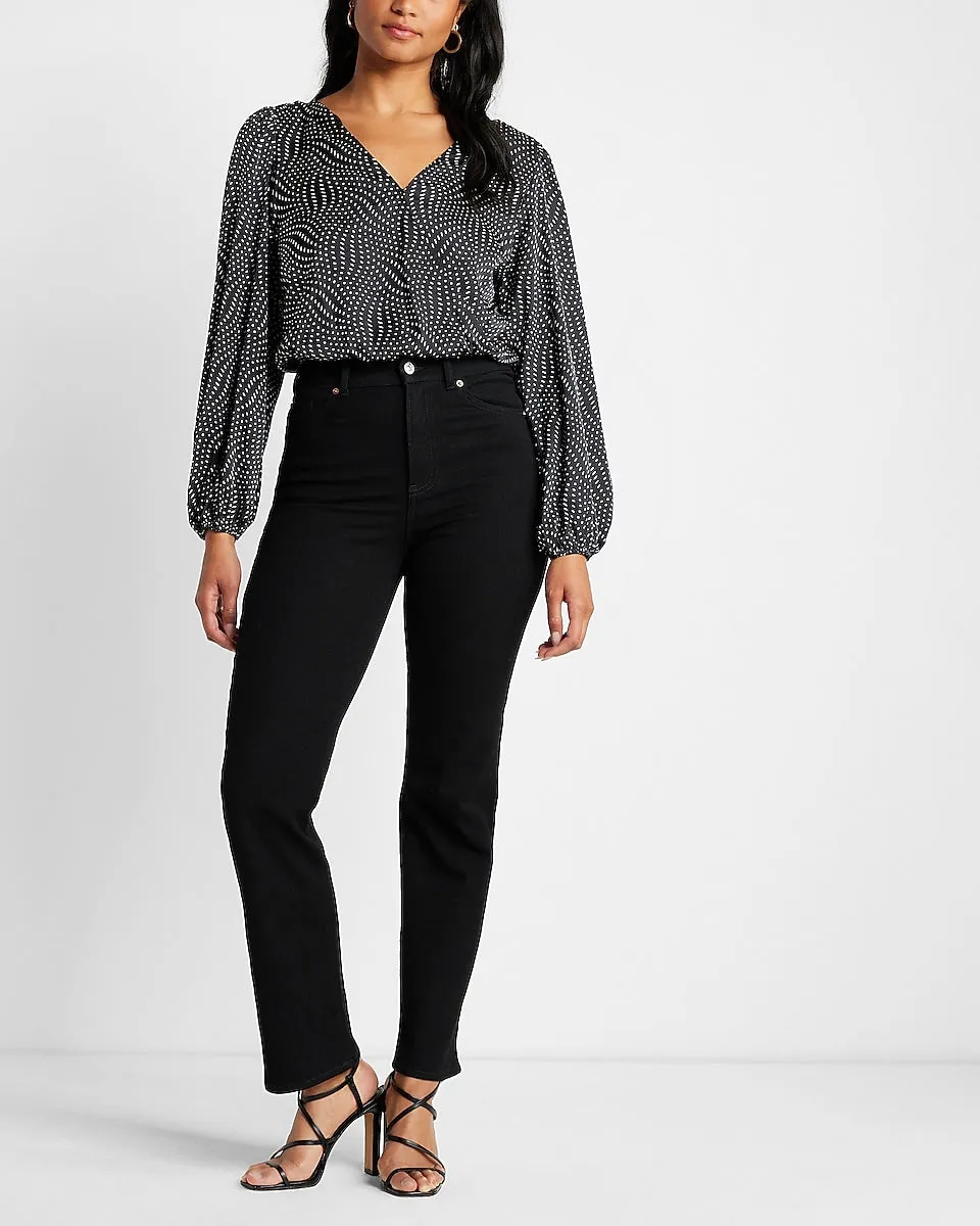 Conscious Edit Printed Satin Faux Wrap Front Open Back Top in Black Print