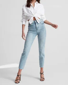 Conscious Edit Super High Waisted Raw Hem Mom Jeans in Medium Wash