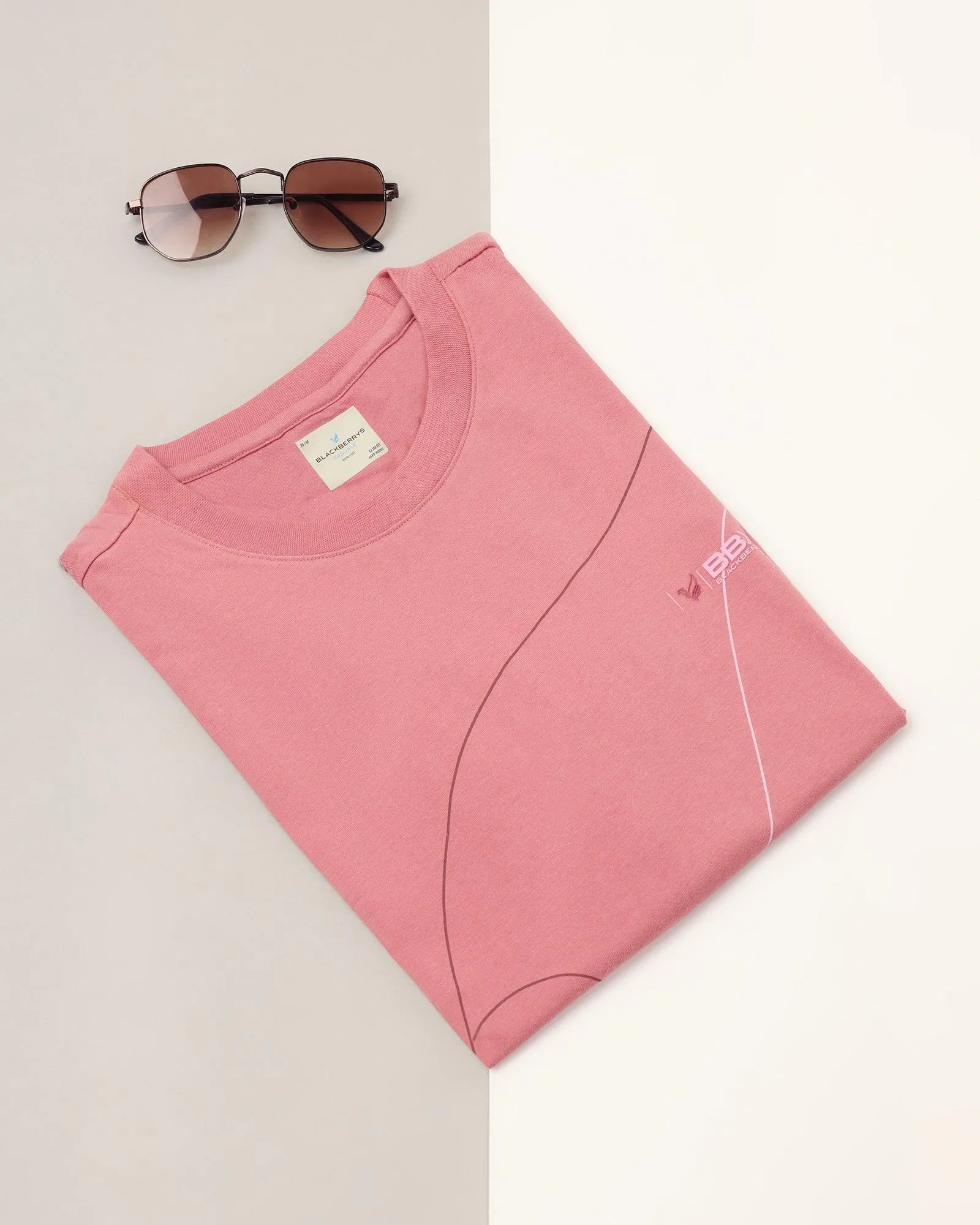 Crew Neck Dusty Rose Printed T-Shirt - Magnet