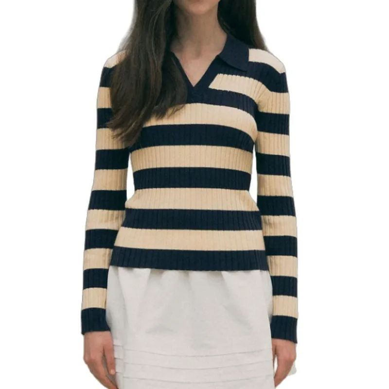 Custom Wool Striped Polo Sweater - Women's Fitted Knitwear
