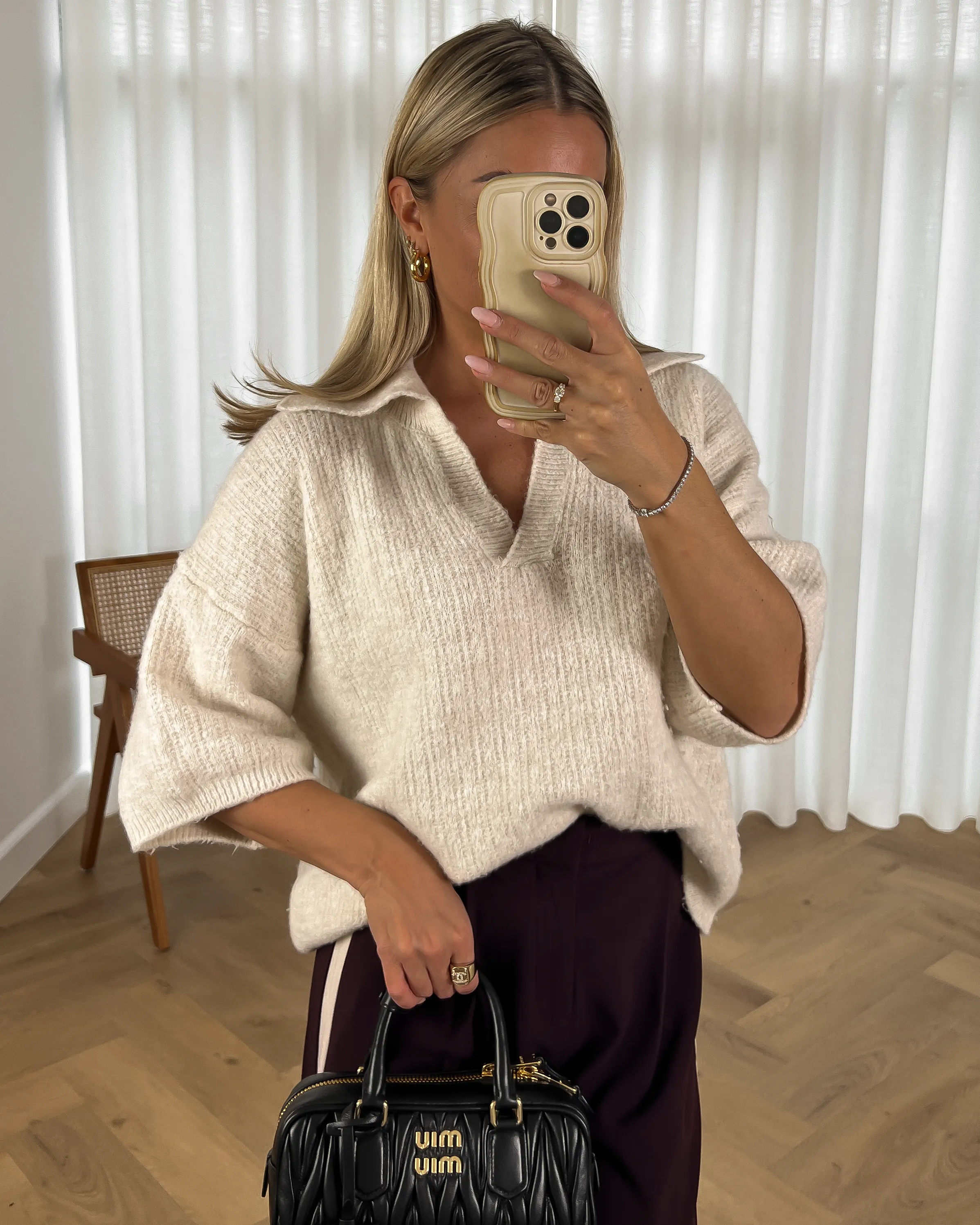 FELINE - Short Sleeve Polo Sweater in Light Beige