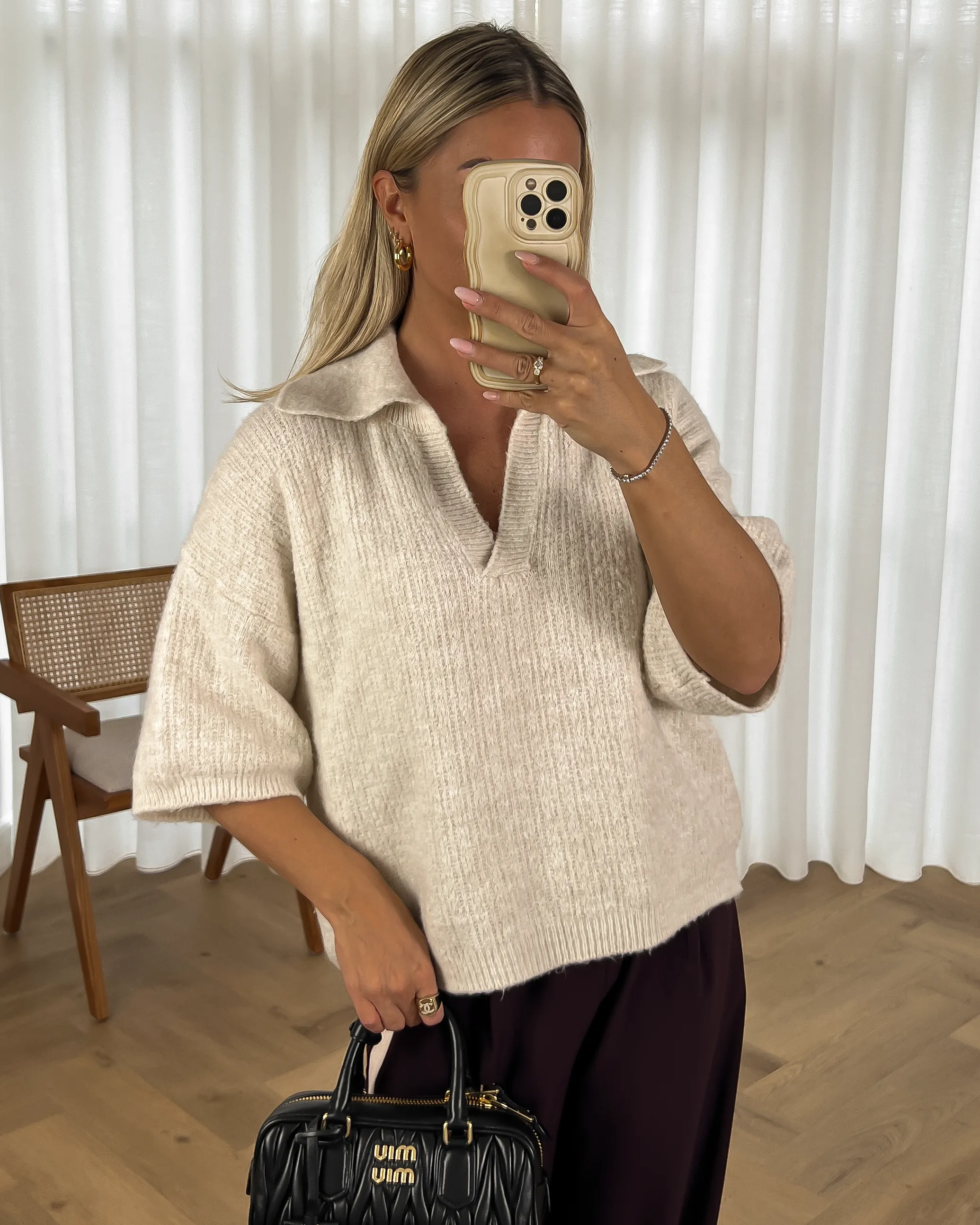 FELINE - Short Sleeve Polo Sweater in Light Beige