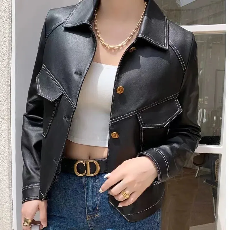 Stitched Faux Leather Crop Jacket Outwear