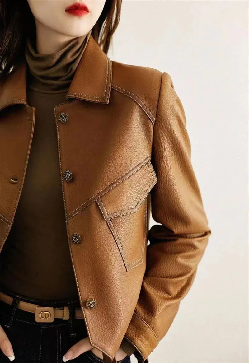 Stitched Faux Leather Crop Jacket Outwear