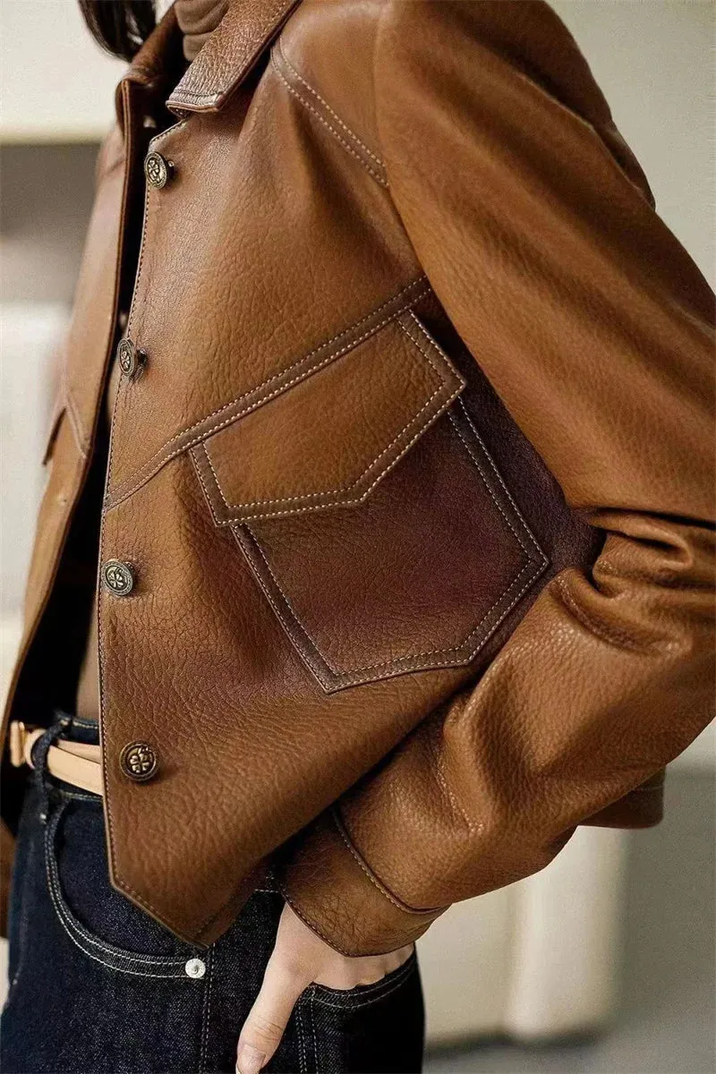 Stitched Faux Leather Crop Jacket Outwear