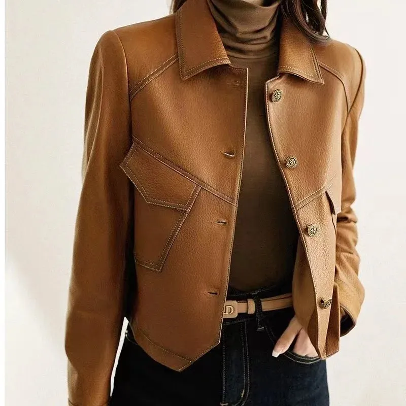 Stitched Faux Leather Crop Jacket Outwear