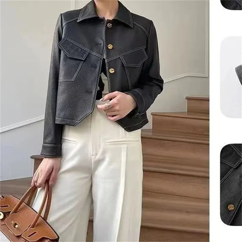 Stitched Faux Leather Crop Jacket Outwear