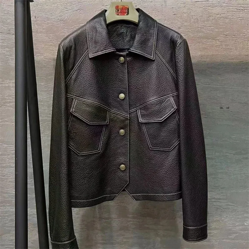 Stitched Faux Leather Crop Jacket Outwear