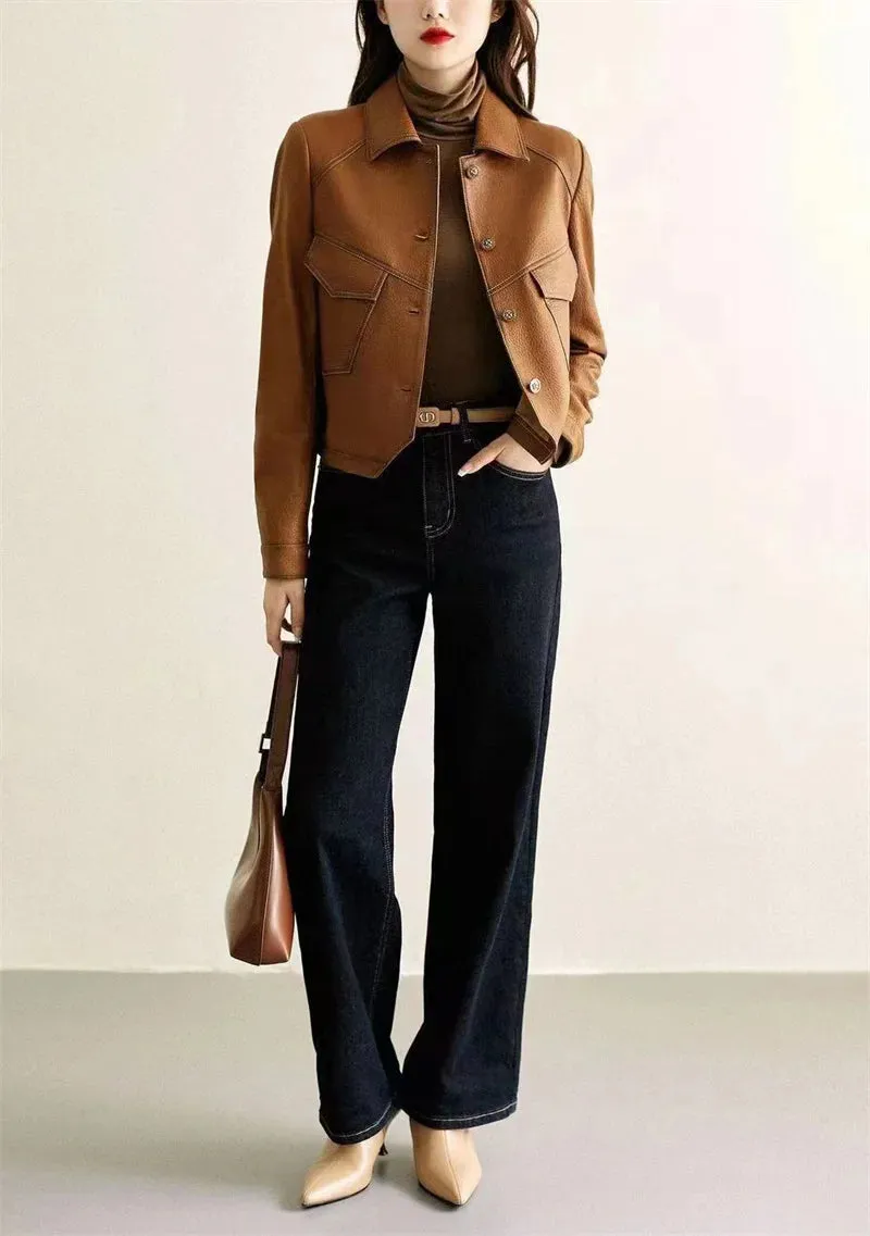Stitched Faux Leather Crop Jacket Outwear