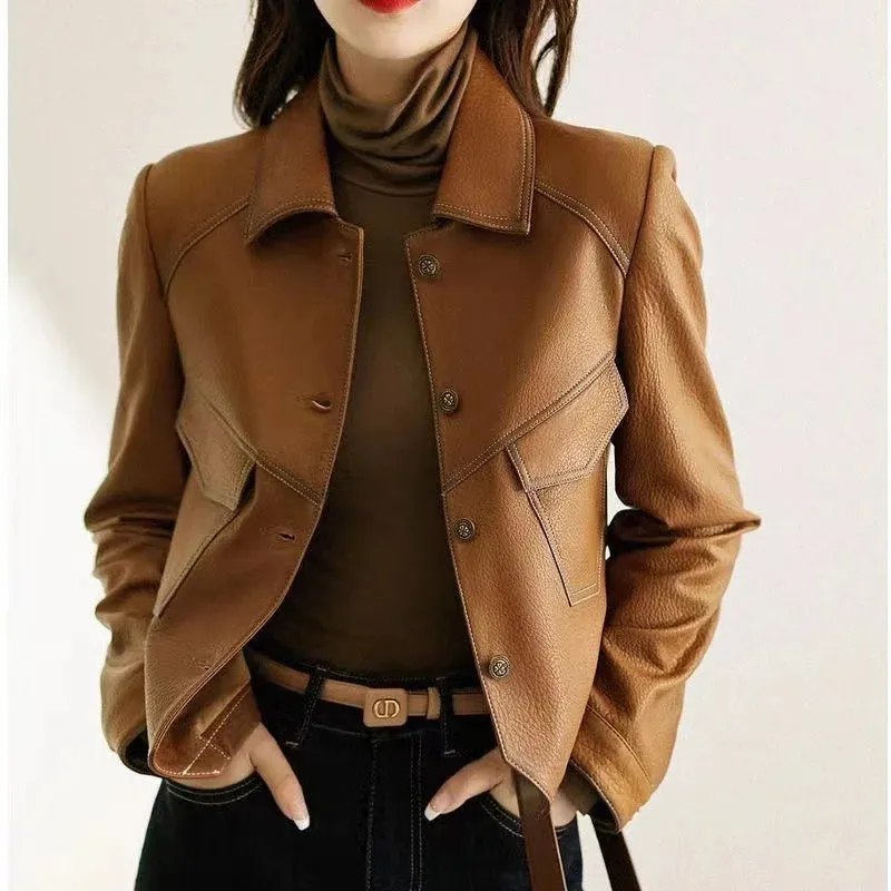 Stitched Faux Leather Crop Jacket Outwear