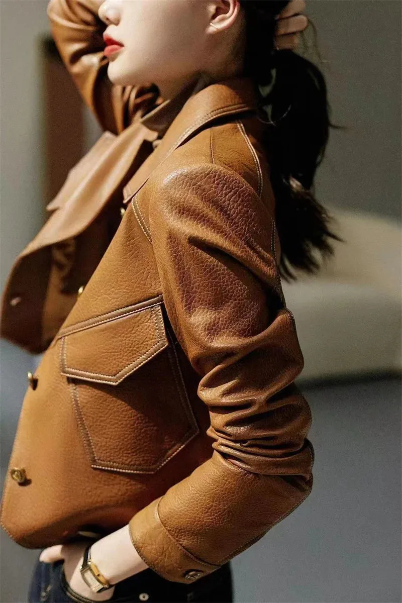 Stitched Faux Leather Crop Jacket Outwear