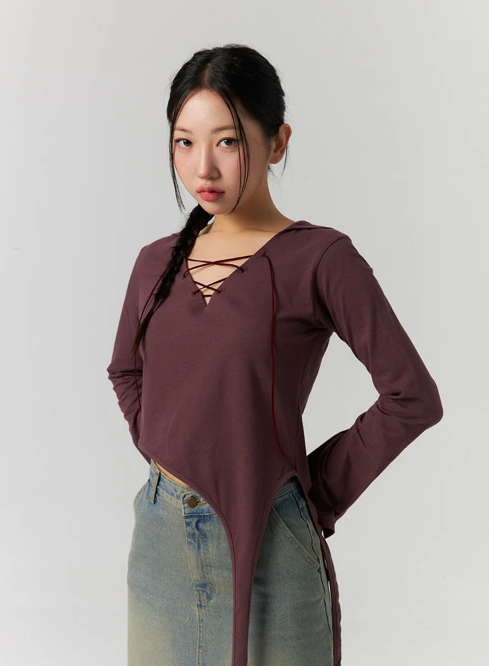 Unbalanced Hem V-Neck Hoodie CS308