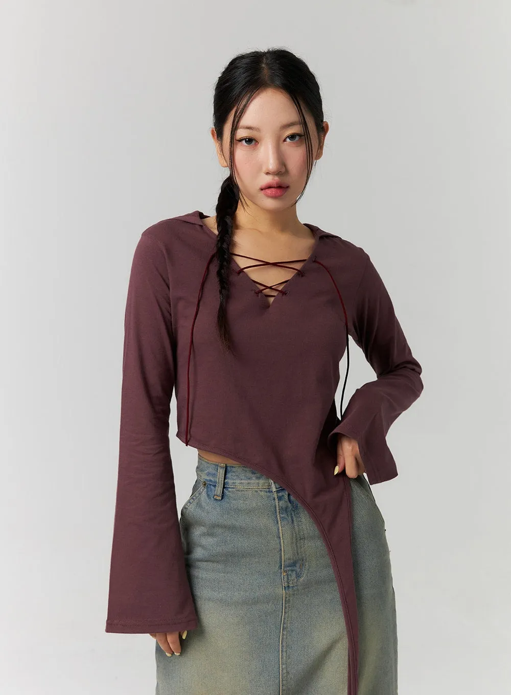 Unbalanced Hem V-Neck Hoodie CS308