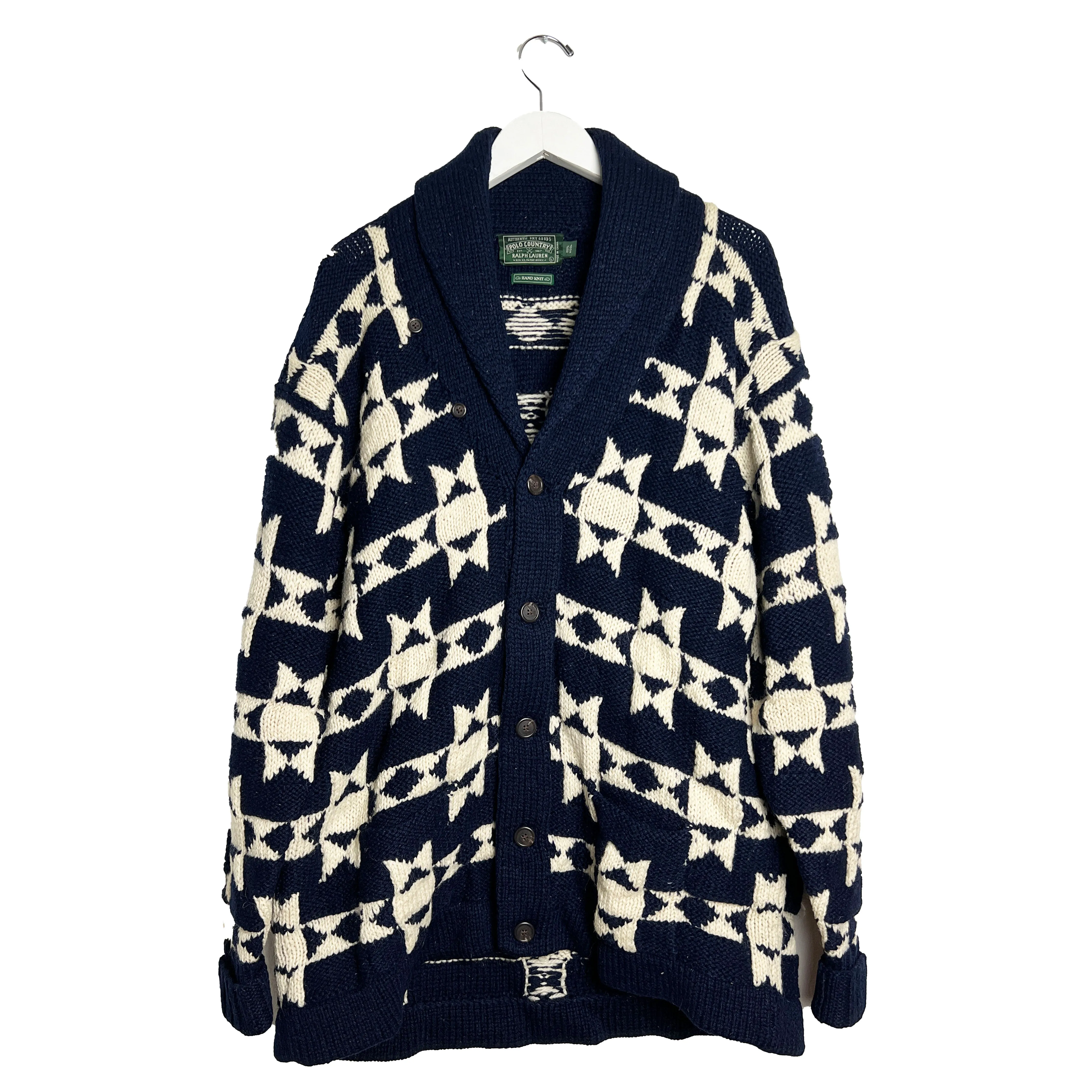 Vintage Chunky Hand Knit Intarsia Cardigan Sweater