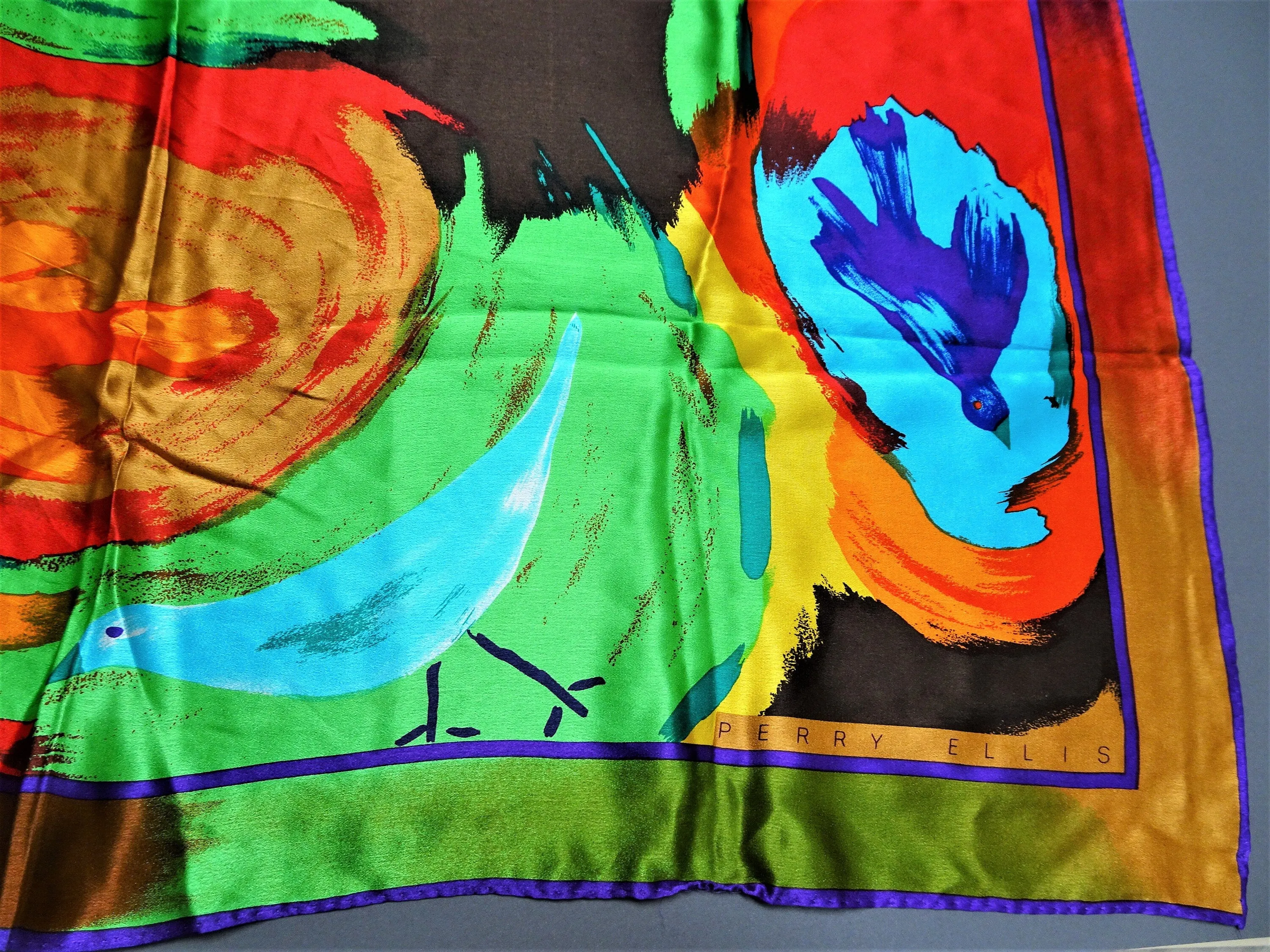 VINTAGE Luxury Designer Silk Scarf,Perry Ellis Colorful Birds,Italian Silk,Rich Gem Colors,Frame It or Wear It,Collectible Scarves Scarfs