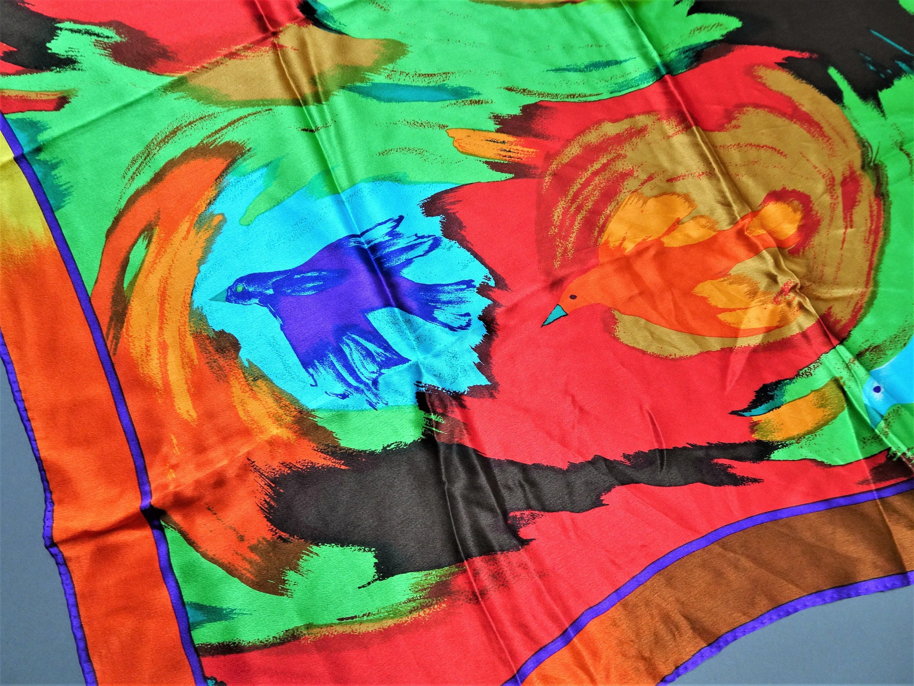VINTAGE Luxury Designer Silk Scarf,Perry Ellis Colorful Birds,Italian Silk,Rich Gem Colors,Frame It or Wear It,Collectible Scarves Scarfs