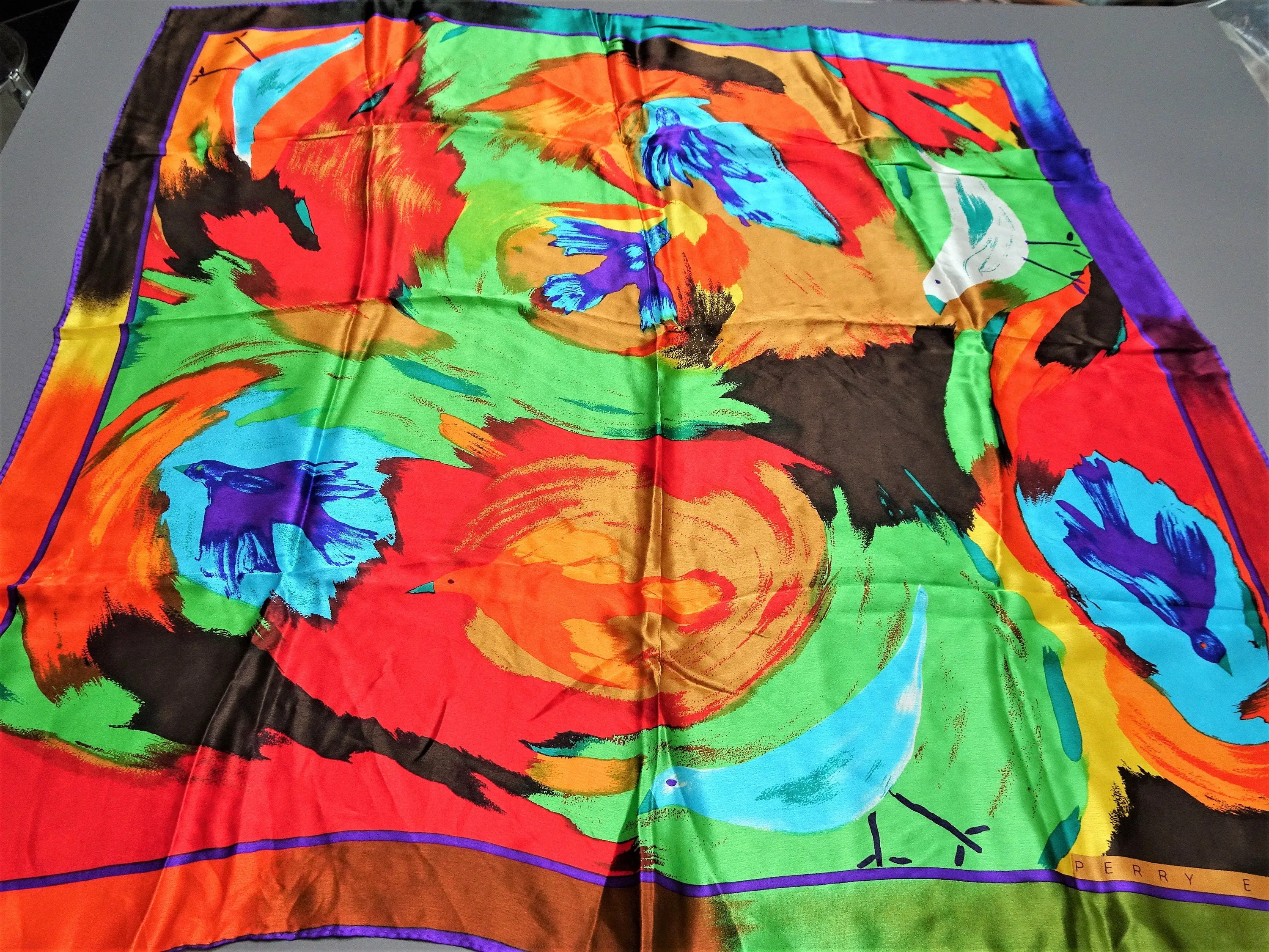 VINTAGE Luxury Designer Silk Scarf,Perry Ellis Colorful Birds,Italian Silk,Rich Gem Colors,Frame It or Wear It,Collectible Scarves Scarfs