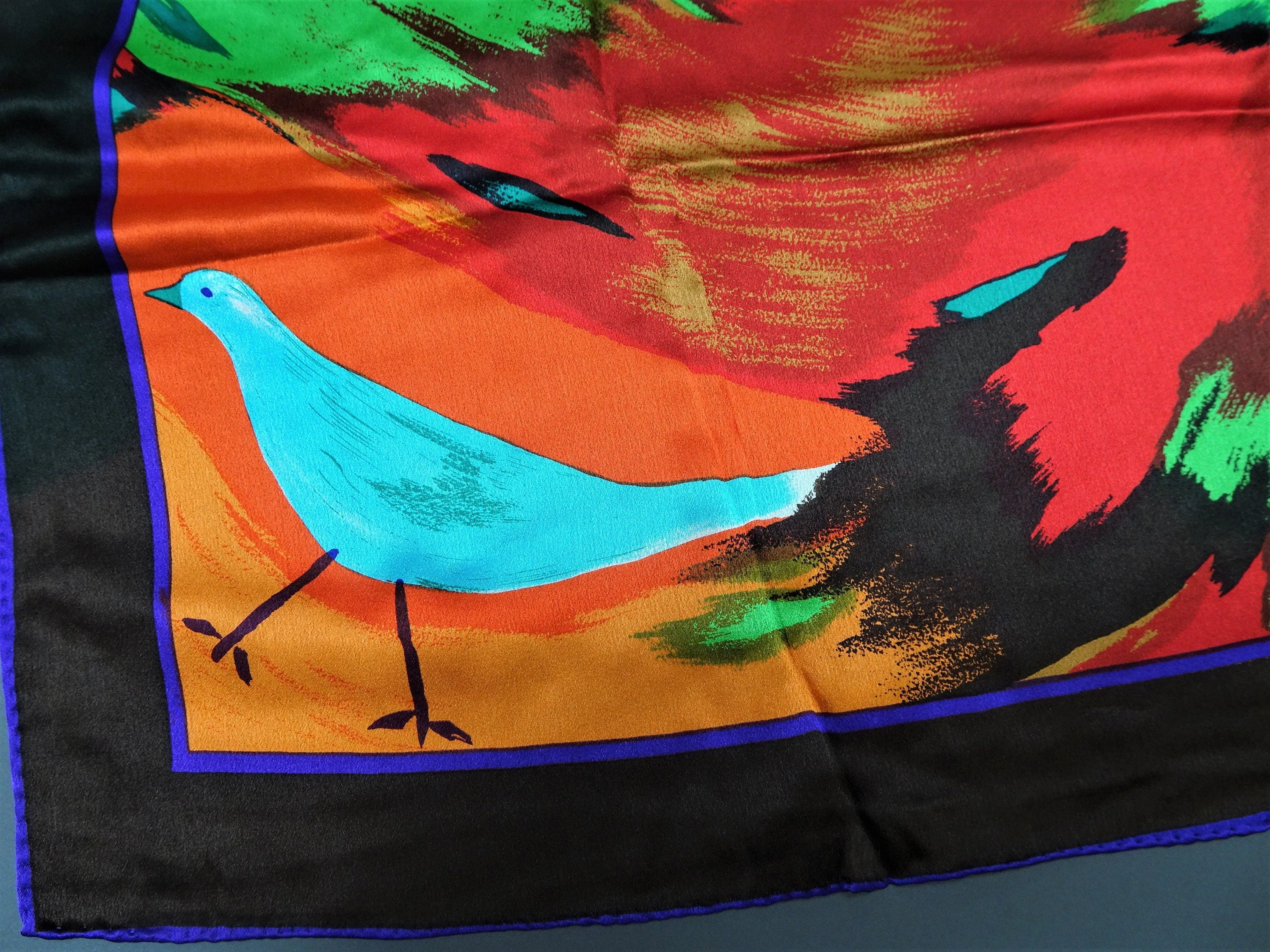 VINTAGE Luxury Designer Silk Scarf,Perry Ellis Colorful Birds,Italian Silk,Rich Gem Colors,Frame It or Wear It,Collectible Scarves Scarfs