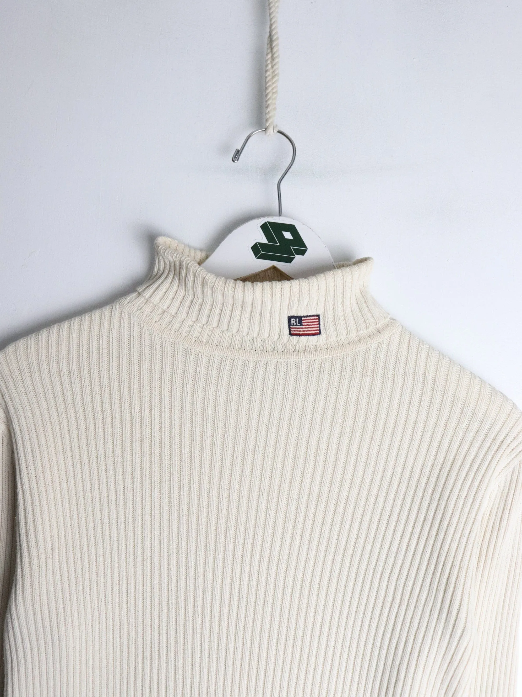 Vintage Polo Jeans Ralph Lauren Sweater Womens Small Beige Knit Turtle Neck