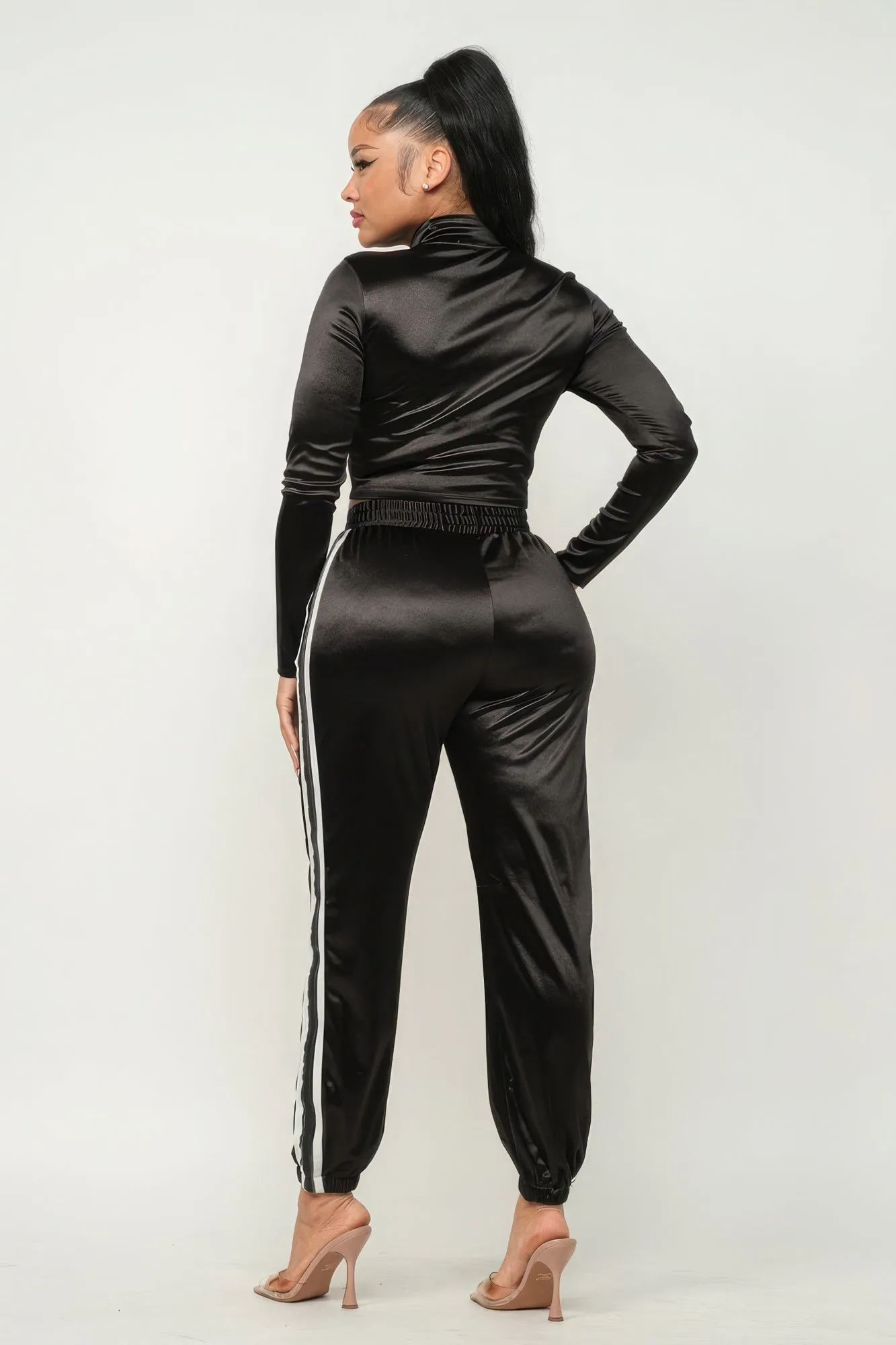 Women Front Zip Up Stripes Detail Jacket And Pants Set