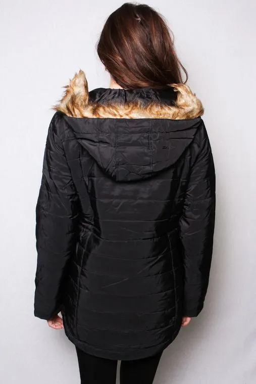 Women's High Neck Quilted Matte Puffer Jacket w/ Detachable Hood Fur | Black