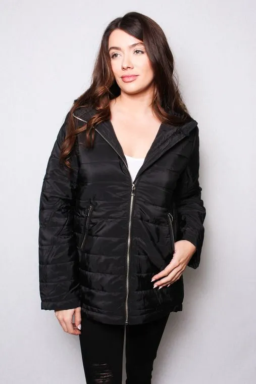 Women's High Neck Quilted Matte Puffer Jacket w/ Detachable Hood Fur | Black