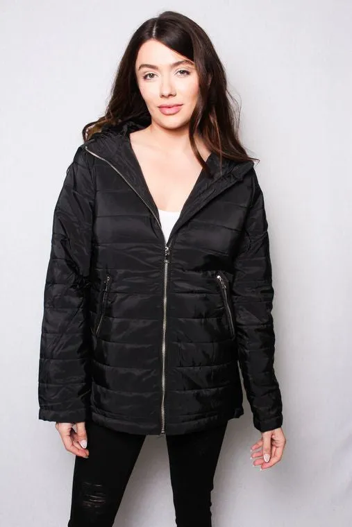 Women's High Neck Quilted Matte Puffer Jacket w/ Detachable Hood Fur | Black