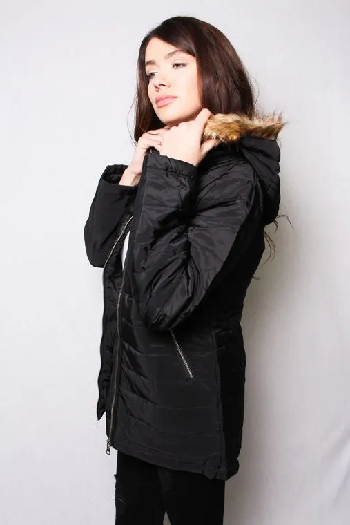 Women's High Neck Quilted Matte Puffer Jacket w/ Detachable Hood Fur | Black
