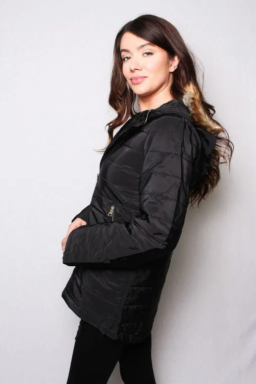 Women's High Neck Quilted Matte Puffer Jacket w/ Detachable Hood Fur | Black