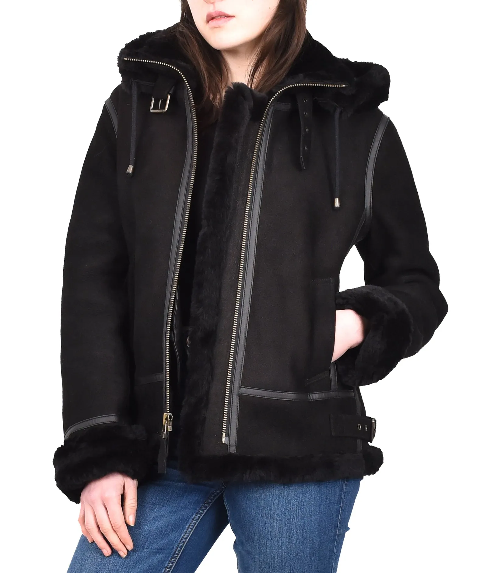 Women's Real Sheepskin Winter Warm Jacket Black Odda