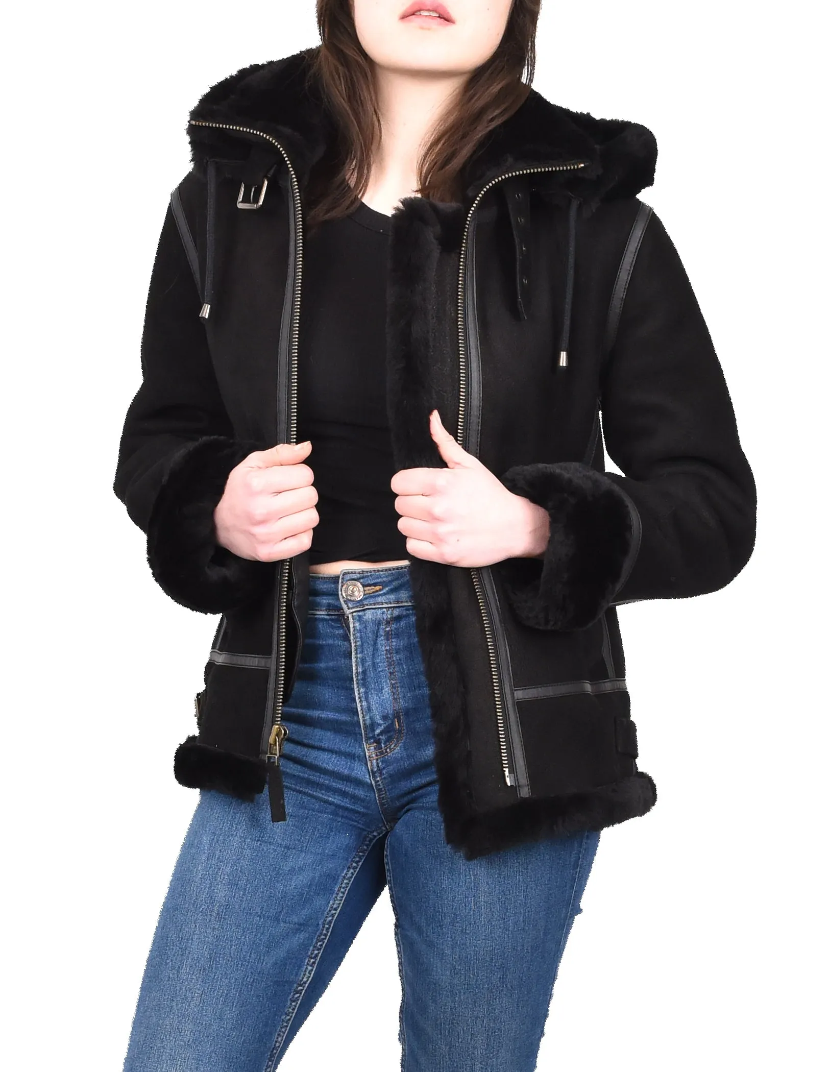 Women's Real Sheepskin Winter Warm Jacket Black Odda