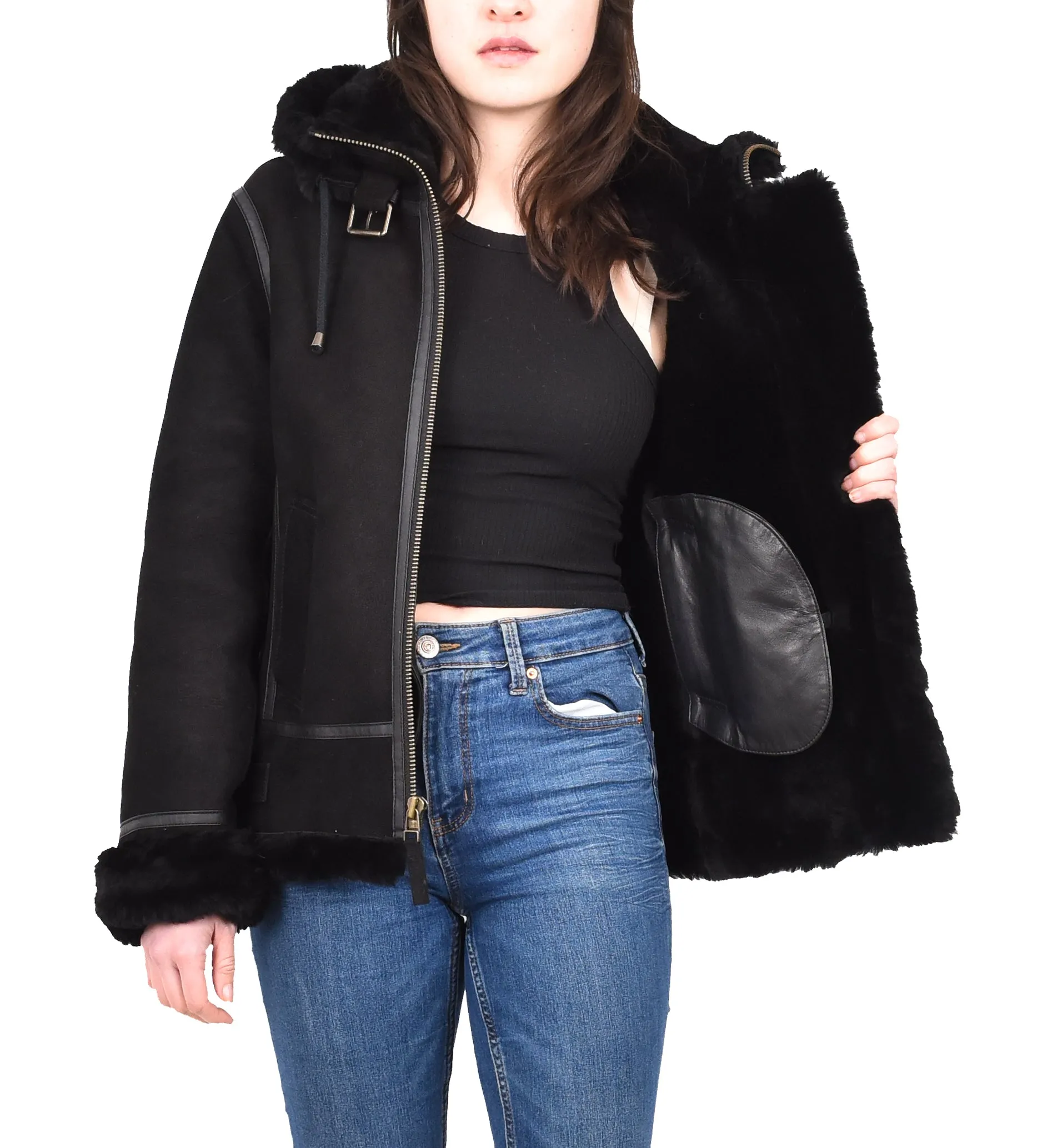 Women's Real Sheepskin Winter Warm Jacket Black Odda