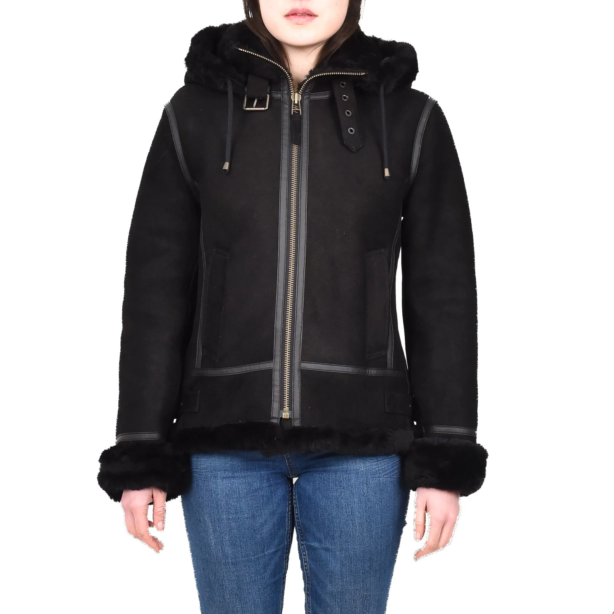 Women's Real Sheepskin Winter Warm Jacket Black Odda