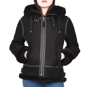 Women's Real Sheepskin Winter Warm Jacket Black Odda