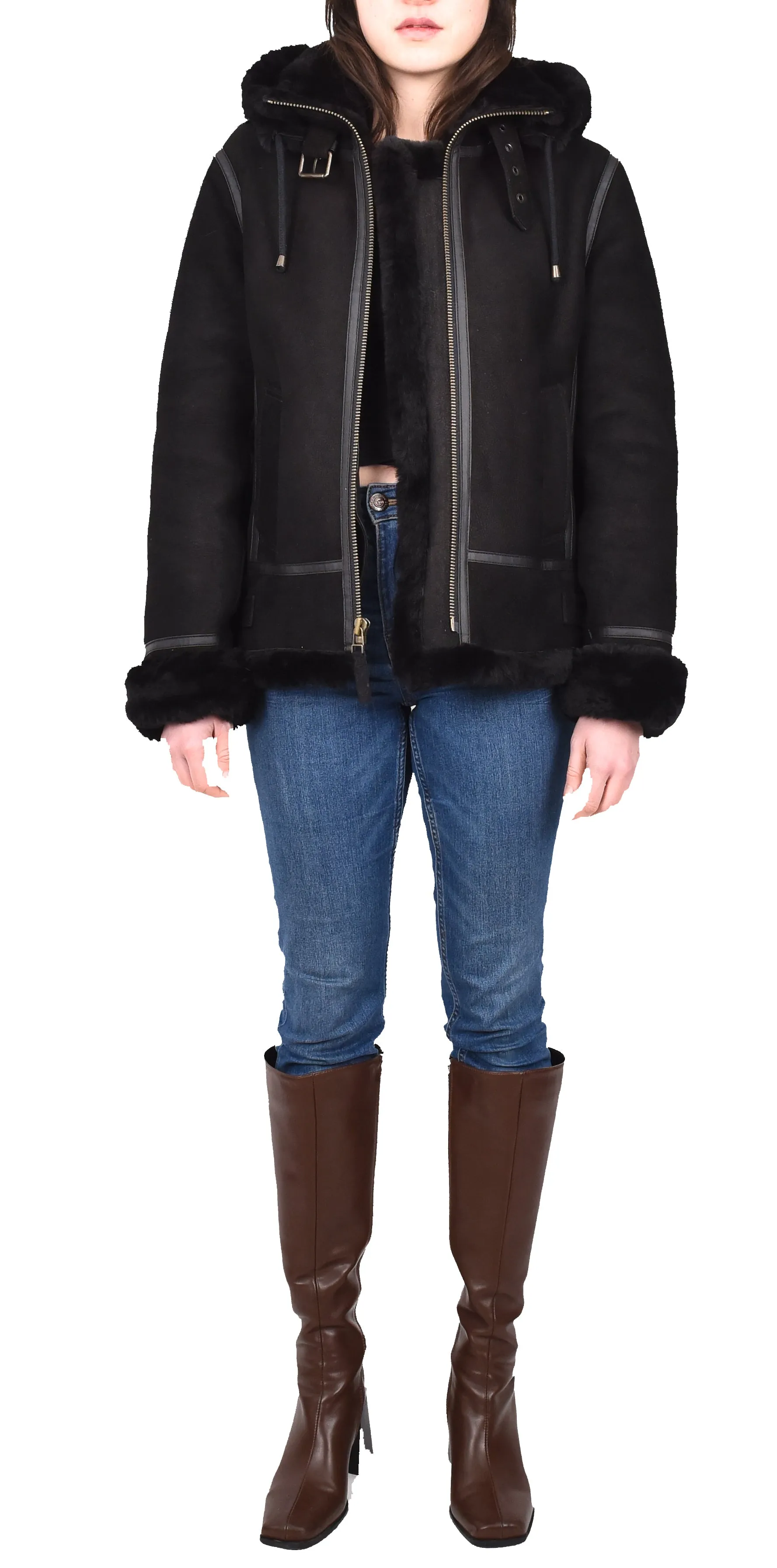 Women's Real Sheepskin Winter Warm Jacket Black Odda