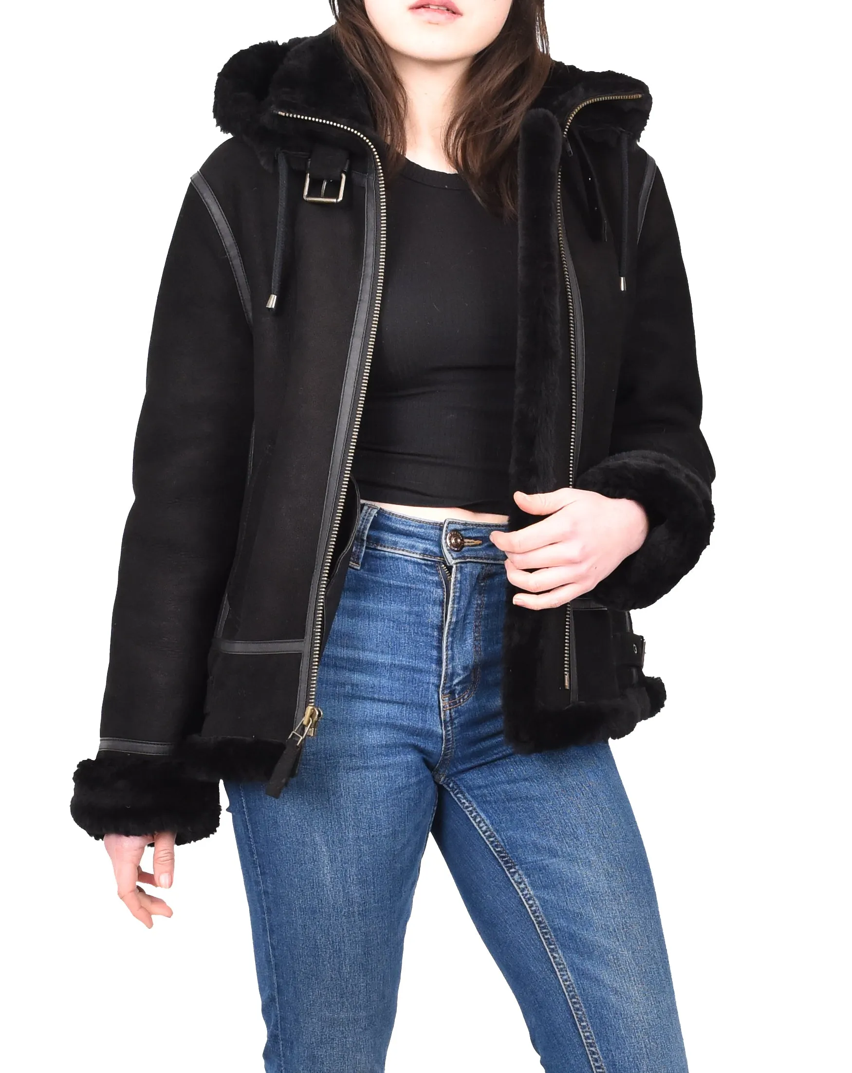 Women's Real Sheepskin Winter Warm Jacket Black Odda