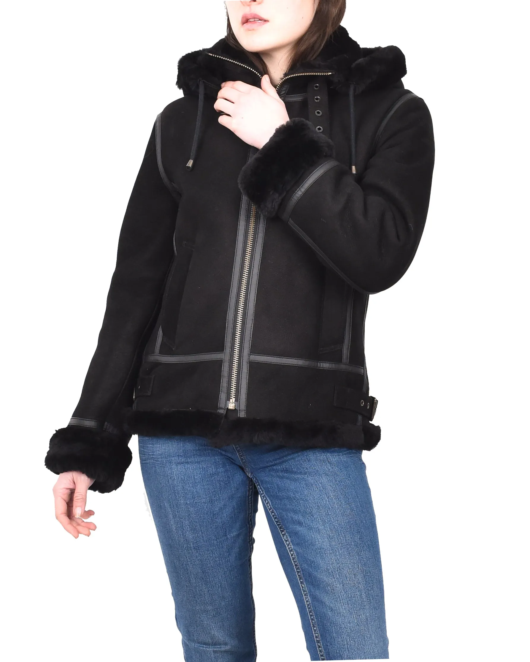 Women's Real Sheepskin Winter Warm Jacket Black Odda